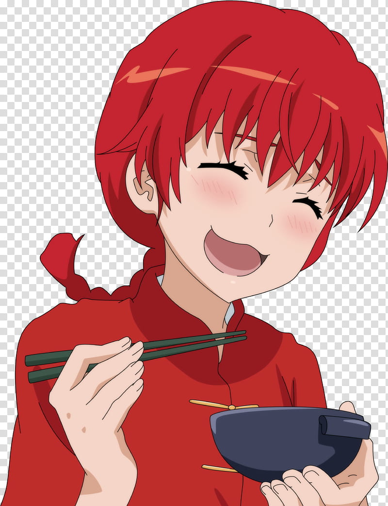 Ranma chan Chows Down Anime, girl smiling and holding bowl and chopsticks illustration transparent background PNG clipart