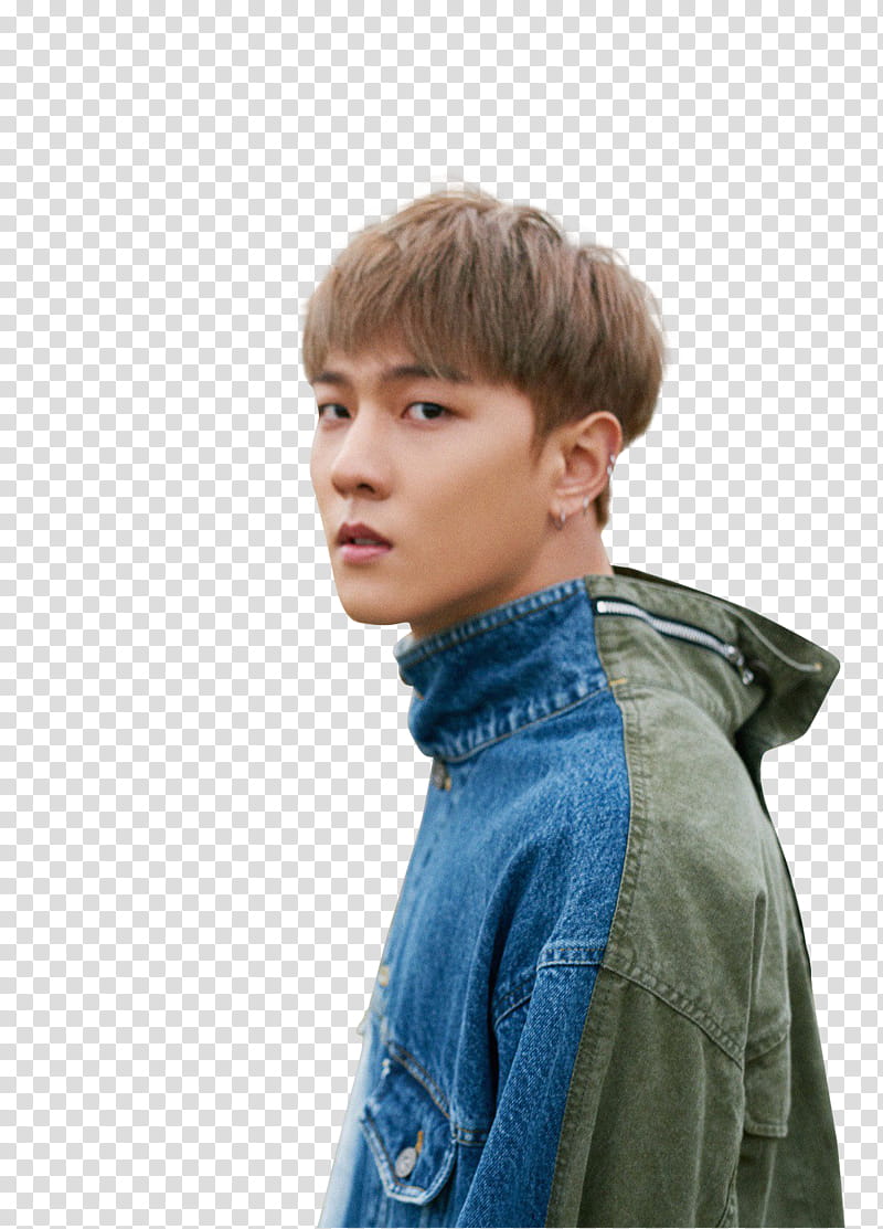 iKON Love Scenario P, man with blue and gray full-zip jacket transparent background PNG clipart