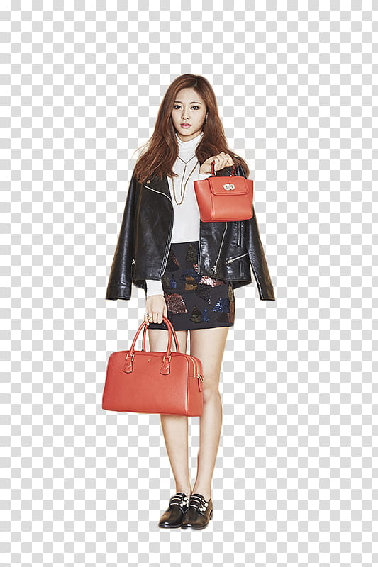 Twice, woman carrying two red leather handbags transparent background PNG clipart