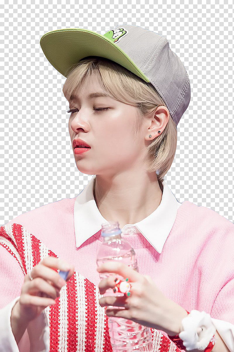 Twice Jeongyeon , woman wearing pink, white, and red collared shirt holding water bottle transparent background PNG clipart