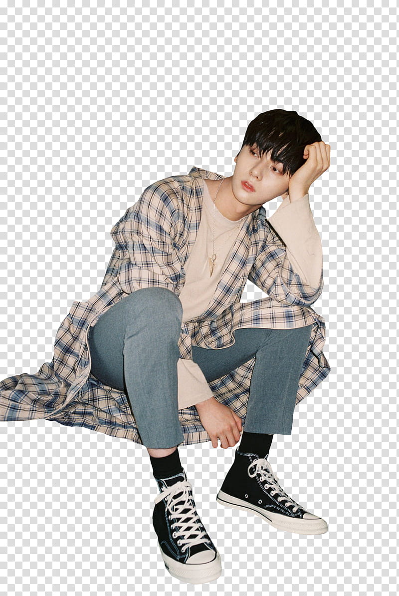 WANNA ONE NOTHING WITHOUT YOU, man wearing plaid cardigan and gray pants outfit transparent background PNG clipart