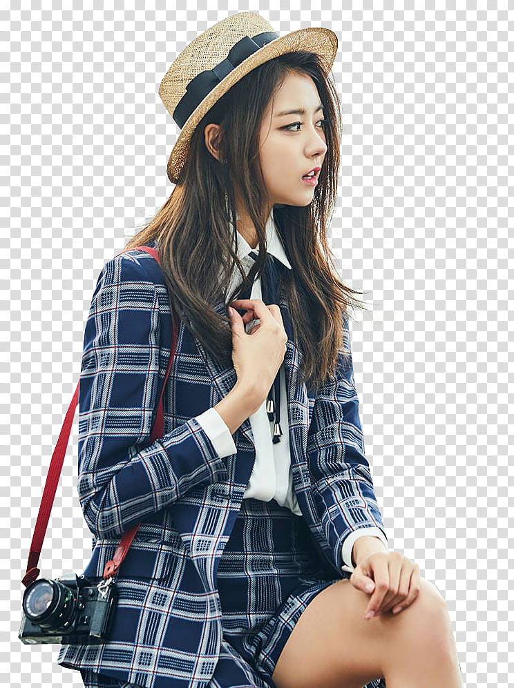 PRISTIN Wee Woo Teaser HQ, woman carrying black DSLR camera facing sideways transparent background PNG clipart