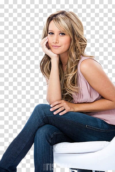 Ashley Tisdale, woman wearing pink sleeveless top while sitting on chair transparent background PNG clipart
