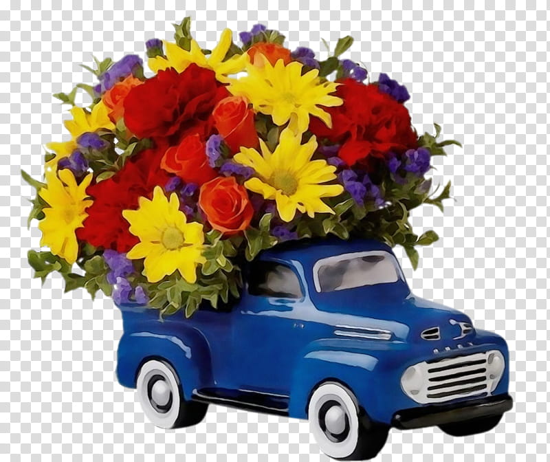 blue car vehicle yellow bouquet, Watercolor, Paint, Wet Ink, Flower, Plant, Classic Car, Model Car transparent background PNG clipart