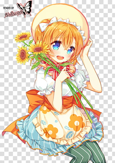 Watchers, female anime character holding sunflowers transparent background PNG clipart